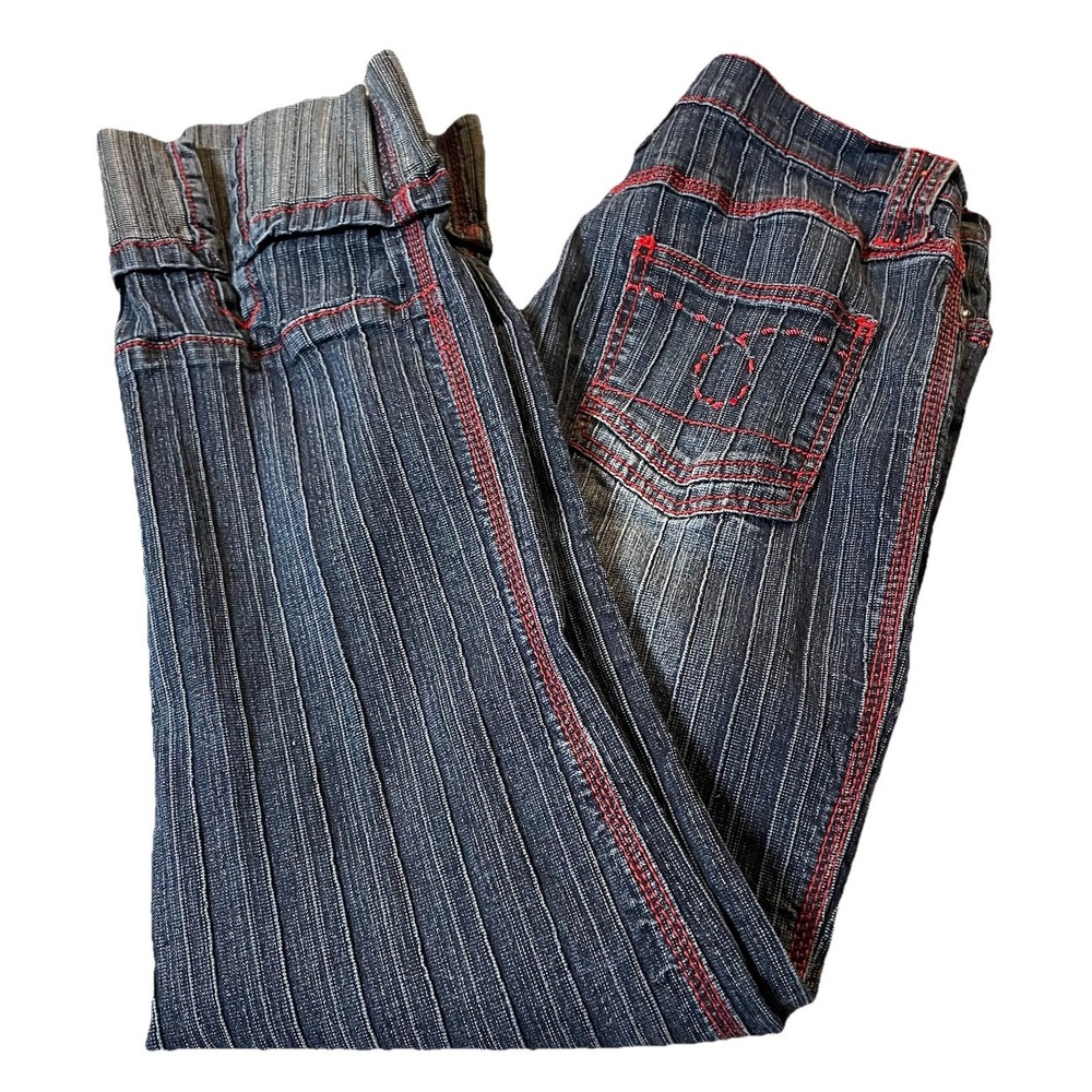 Y2K Lazer Jeans Crop Juniors 11 Blue Denim Red Trim Pintuck Slit Cuffed Grunge